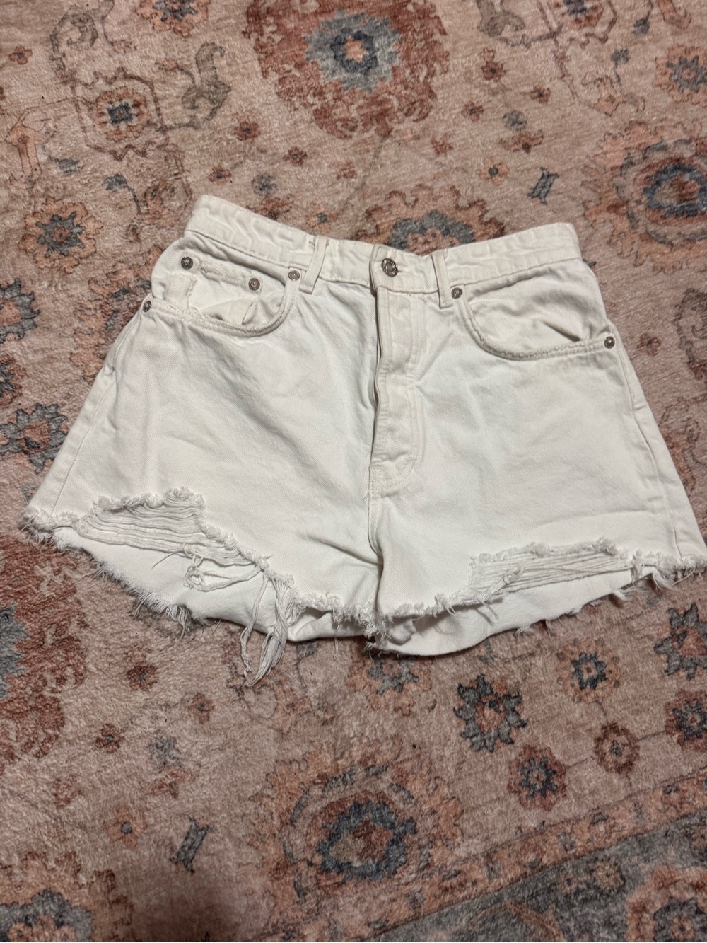 Zara Distressed High-Rise white Denim Shorts